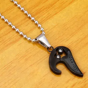 Black heart puzzle necklace for couples in stainless steel with I Love You engraving
