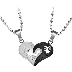 Polished black and silver stainless steel heart puzzle necklace for couples with stones