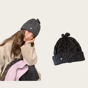 Damen Wollmischung Zopfmuster Beanie Mütze Mit Süßer Schleife Warm Herbst Winter Koreanischer Stil Gestrickte Totenkopfmütze