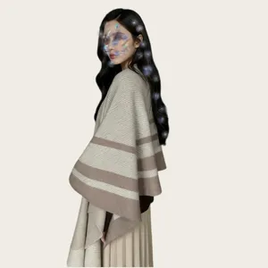 Korean style striped knitted wool cape shawl cardigan for women, elegant cozy outer wear top.