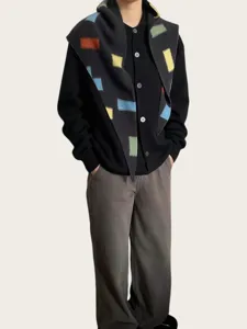 Knit large shawl with colorful square patches, stylish autumn winter triangular scarf outer wear.