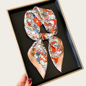 Chic silk square scarf with adorable cat print, perfect for neckwear, headbands or bag accessories.