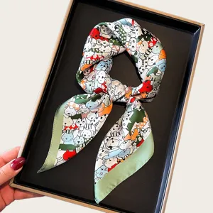 Cute cartoon cat print small square silk scarf for women stylish neckerchief hair band