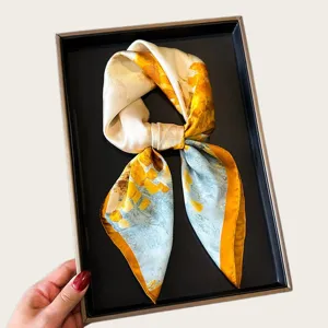 Silk scarf for women, small square neckerchief, elegant abstract art print, thin satin.