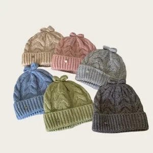 Koreanischer Stil süße Schleife Zopfstrick Mütze Winter warme Wolle Hut für Frauen Set