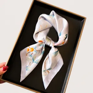 Elegant small silk square scarf with floral fruit print for women stylish daily wear.