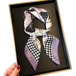 Stylish small square silk scarf with houndstooth and floral pattern for women neck wear.
