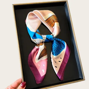 Women stylish geometric printed square silk scarf elegant neckerchief hair accessory