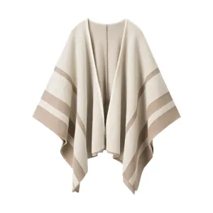 Women Striped Knitted Poncho Casual Open Front Shawl Autumn Winter Warm Outerwear Cape Top