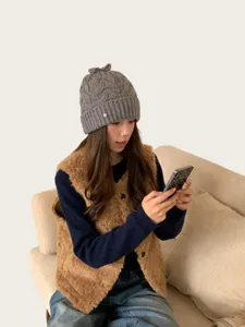 Koreanischer Stil süße Schleife Zopfstrick Mütze Damen Herbst Winter warm grau Mode