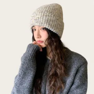 Wool blend colorful speckled knit beanie for women, cozy winter slouchy hat, warm headwear.