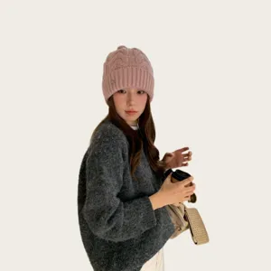 Koreanischer Stil süße Zopfstrick Mütze für Damen Herbst Winter warme gemütliche Kopfbedeckung