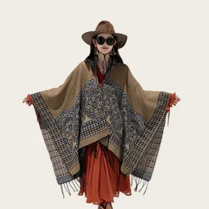 Scialle mantello in maglia stile etnico bohémien da donna, design floreale geometrico vintage con frange.