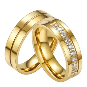 Mode 18K Vergoldet Titanstahl Pärchen Ringe Einfache Linie Eingelegt Strass Ringe Für Männer Frauen Hochzeit Geschenk Schmuck