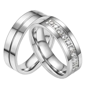 Simple Polished Titanium Steel Rhinestone Couple Ring Geometric Band For Men Women Engagement Fashion Jewelry Gift