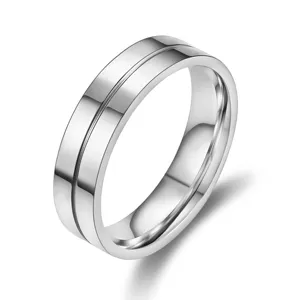 Silver titanium steel minimalist ring featuring a polished finish and central groove detail.