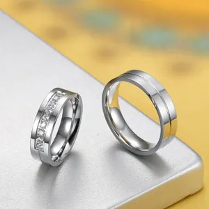Elegant silver titanium steel couple rings set with brilliant cubic zirconia inlay