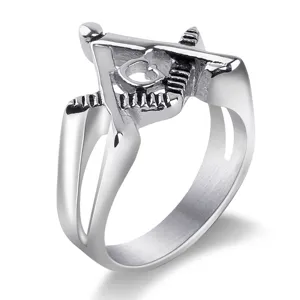 Anillo Masónico de Acero Inoxidable Vintage para Hombre Retro Casting Hollow Signet Ring G Letra Brújula Escuadra Símbolo Biker Joyería