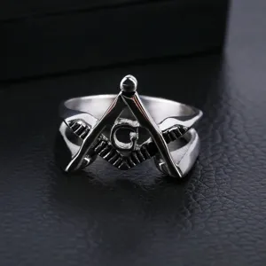Anillo masónico vintage de acero inoxidable para hombre con símbolo G color plata