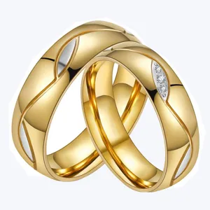 Korean Fashion Romantic Gold Titanium Steel Rhinestone Couple Ring Geometric Wave Inlaid Band Ring Jewelry Gift For Lovers