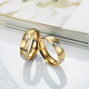 Romantic 18K gold plated titanium steel couple rings with wavy pattern and zircon inlay