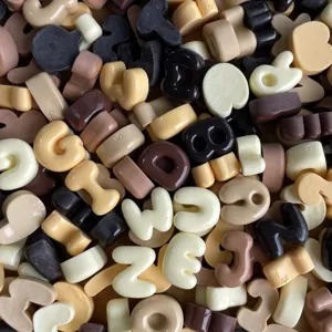 Mini resin letter cabochons in beige and brown, perfect for DIY phone case and craft decoration.