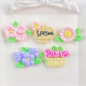 Resin spring flower cabochons set, cute floral flatback charms for DIY phone case hair clips.