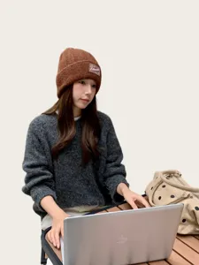 Retro brown knit beanie hat for women, thick warm winter slouchy skull cap warm knitwear.