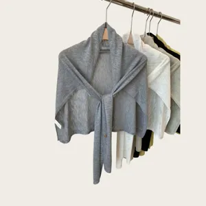 Grey knitted shawl detail, summer lightweight neckerchief cape, soft solid color commuter design.
