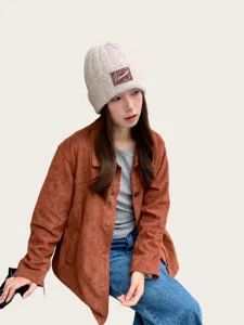 American retro grey knitted beanie hat for women, winter warm wool cold hat detail view.