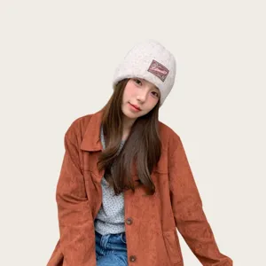 American vintage grey knitted beanie for women, warm winter thermal wool cap for skiing.