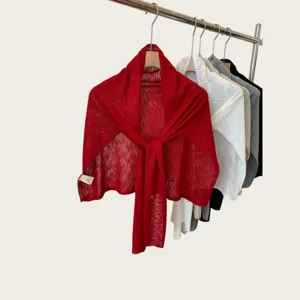 Red knitted summer shawl and lightweight cover-up scarf for women daily commute style.