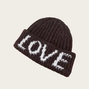 Bonnet tricoté style coréen avec broderie lettre amour blanche, bonnet chaud d'hiver douillet.