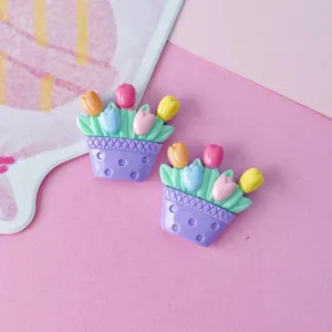 Glänzende Harz Tulpen Blumen Topf Cabochons für DIY Handgemachte Handyhülle Haarnadeln Zubehör