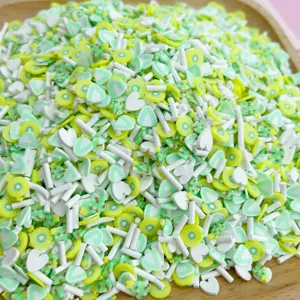 Gros plan détaillé de tranches de fruits en argile polymère pour slime, coques et nail art.