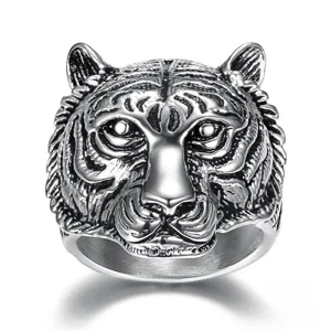 Vintage stainless steel tiger head ring for men with highly detailed 3D carving
