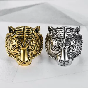 Vintage stainless steel tiger head rings for men in polished gold and silver finishes