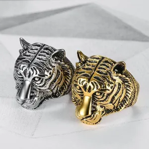 Vintage stainless steel tiger head rings for men with detailed engraving textures
