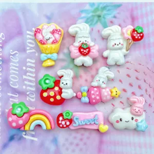 Cute Resin Cartoon Rabbit Strawberry Rainbow Flatback Craft Charms Decorative Printed Plastic Resin Materials DIY Craft Accessorie