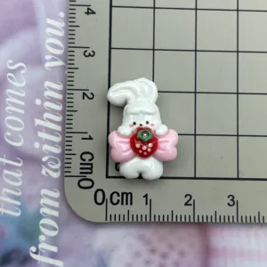 Cute white rabbit resin charm with strawberry for DIY phone case hair clip accessory detail