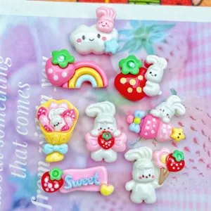 Cute resin rabbit strawberry flatback charms for DIY phone case hairpin decoration details