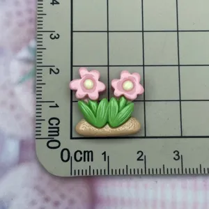 Resin pink double flower green leaf flatback charm for DIY phone case hair clip crafting