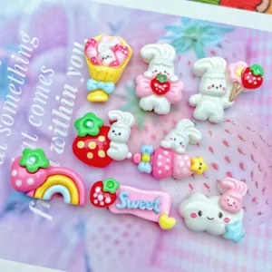 Cute cartoon resin rabbit strawberry cabochons for DIY phone case hair clips crafting.