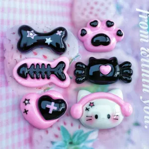 Joli ensemble de cabochons en résine chat rose noir patte os cœur DIY coque téléphone