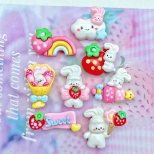 Cute rabbit strawberry resin charms DIY flatback accessories for phone case and crafts.
