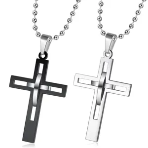 Collier Pendentif Croix en Acier Titane pour Hommes Mode Double Couche Creuse Crucifix Bijoux Avec Chaîne à Billes