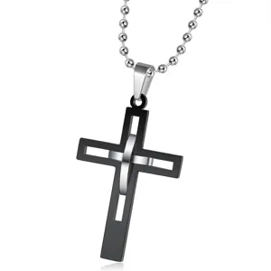 Pendentif croix moderne à double couche en acier titane noir et argent avec chaîne à billes