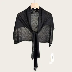 Black knit T-shaped shawl detail, lightweight summer air conditioning cape and neck guard wrap.
