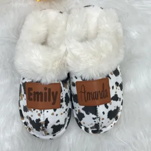 Winter Warm Plush House Slippers Cow Print Fluffy Faux Fur Thick Sole Soft Indoor Shoes For Women Men