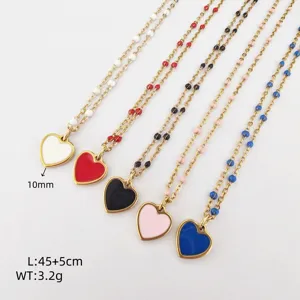 Stainless steel colorful enamel heart pendant necklace detail shot, fashion jewelry style.
